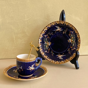 Juego de taza y platillo vintage Gien France Thibault Renaissance Indigo Blue Bird, vajilla francesa, vintage francesa, pintado a mano.