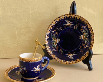Juego de taza y platillo vintage Gien France Thibault Renaissance Indigo Blue Bird, vajilla francesa, vintage francesa, pintado a mano.
