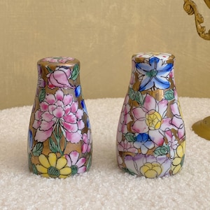 Vintage Floral Cloisonne Salt Pepper Shaker Set, Hand Painted Porcelain Enamel Kitchen Essential, Gilded, Culinary Decor, Unique, Gift