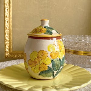 Vintage Majolica Yellow Flower Lidded Jar, French Pottery, Provencal Kitchen Decor, Countryside, Cottagecore