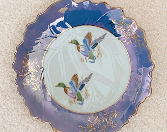 Vintage Flying Duck Decorative Plate with Flower Detailing, Gilding and Blue Scalloped Rim, Bird Wall Hanging, Decor Plate, Wall Art, Unique