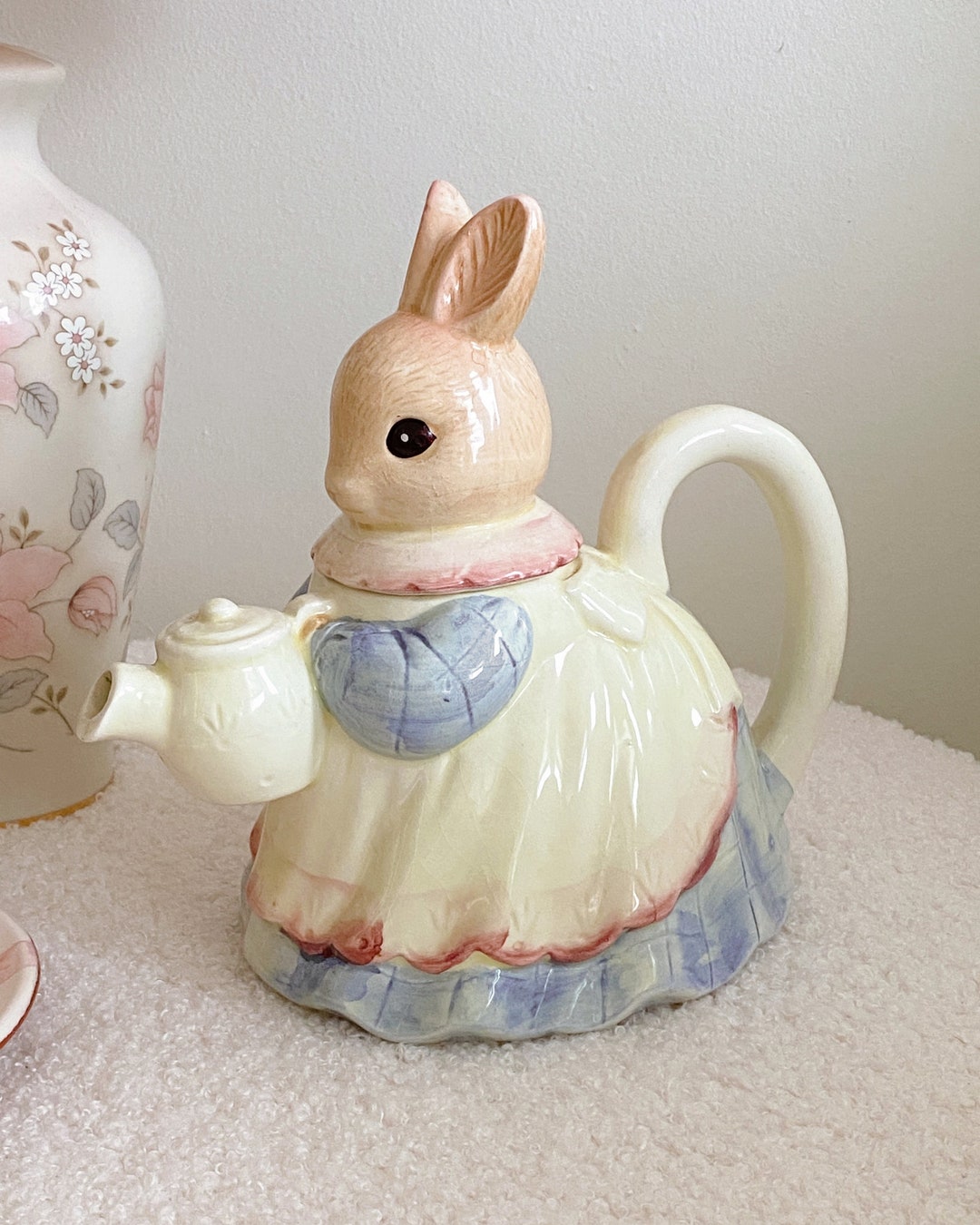 Vintage Bunny Teapot, Charming Dressed Rabbit Carrying a Teapot, Peter