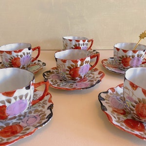 Antique Japanese Hand Painted Eggshell Porcelain Kutani Red Flower Cup Saucer Set, Japan Oriental Tea Set, Japanese Pottery, Wedding Gift