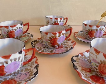 Antike japanische handbemalte Eierschalenporzellan Kutani rote Blumentasse Untertassenset, Japan Oriental Teeset, japanische Keramik, Hochzeitsgeschenk