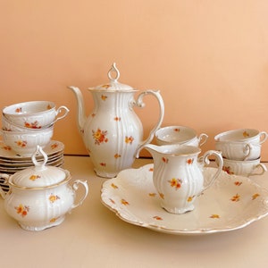Rare Friedericiana Elfenbein Ivory Tea Set, 9 Persons Set with Soft Orange Flowers and Gilding, Unique Flower Romantic Tea Set, Wedding Gift