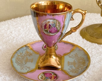 Vintage Versailles Style Lustreware Lush Purple Green Footed Cup Saucer Set with Gilding, High Tea, Charming, Regal, Lavish Teacup, Gift