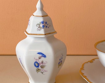 Vintage Hollohaza Porcelain White Lidded Vase with Blue Flower Detailing and Gold Rim, Porcelain Urn, Hungarian Porcelain, Hungarian Pottery
