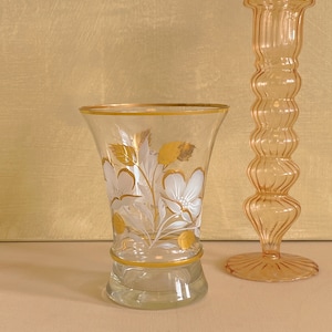 Vintage Jugendstil Opulente Glas Blumenvase mit Handgemalten Ivory Blumen und Gold Details, Französische Blumenvase, Französisch Vintage, Geschenk