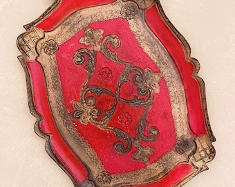 Vintage Italian Florentine Red Gold Baroque Rococo Wooden Tray, Vintage Decorative Serving Tray, Hand Painted, High Tea Party, Gift Idea