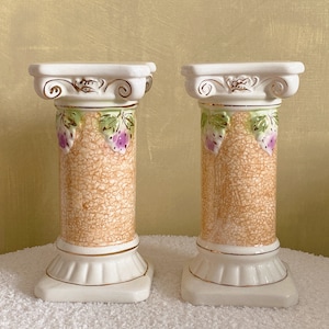 Vintage Greek Ionic Pillar Candle Holder Pair with Grape Detailing, Ancient Greek, Ionic Order Column Pillar Pedestal, Statue, Sculpture