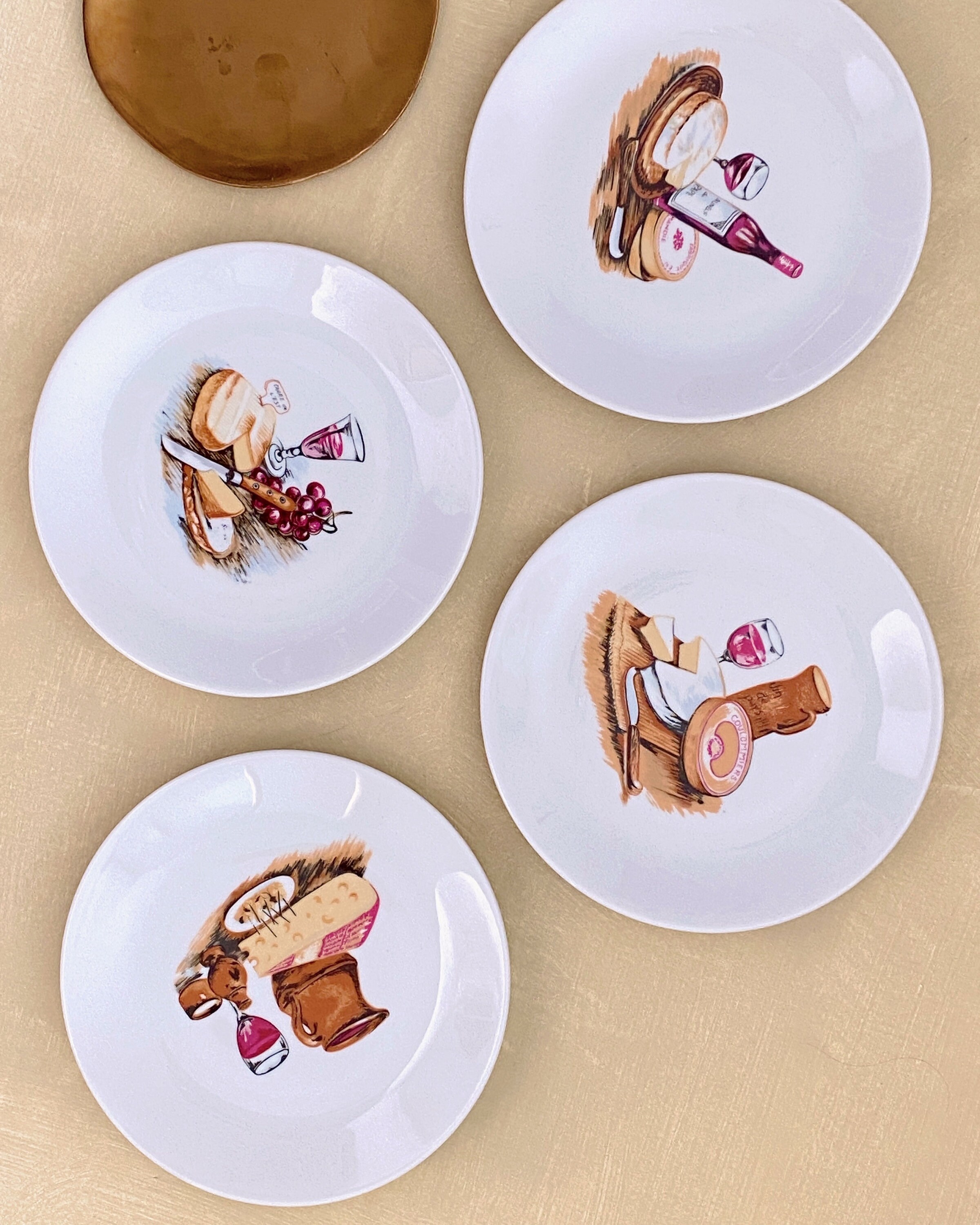 フランスヴィンテージ PORCELAINE FRANCE ビストロ皿 4枚セット ヴィンテージ フレンチビストロ 赤ワイン 磁器 チーズプレート 4枚