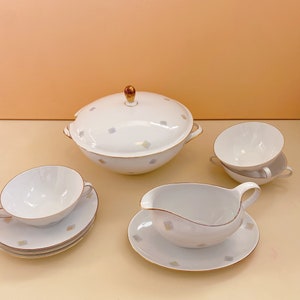 Vintage Seltmann Weiden Porzellan Suppe Geschirr Set mit Rautenform Detaillierung und Goldrand, weißes Geschirr, schicke deutsche Keramik