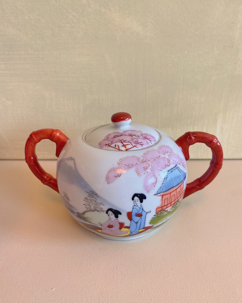 Vintage Geisha Girl Lithophane Tea Set With Geisha and Blossom Flower
