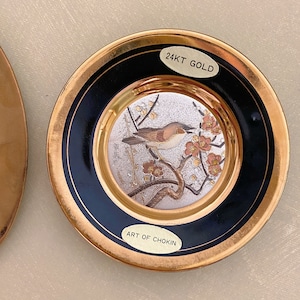 Vintage Art of Chokin 24K Gold Black Decorative Plate with Bird and Flower Detailing, Bird in Blossom Tree, Japanese Pottery, Collectible
