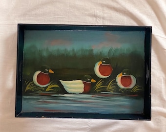 Vintage Mallard Duck Wood Serving Tray, Hand Painted Wooden Board, Rustic Country Cottage Decor, Cabin Kitchen Accent, Collectible Gift