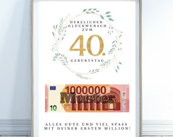 誕生日にお金をプレゼント、お金を贈る、40 歳の誕生日プレゼント、丸い誕生日プレゼント、プリントアウトしたお金のギフト、40 歳の誕生日