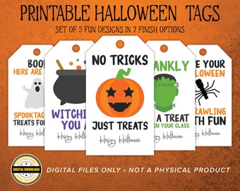 May include: A set of five white rectangular printable Halloween tags featuring various graphics including a ghost, a cauldron, a pumpkin, a monster, and a spider, with text including No Tricks Just Treats and Happy Halloween.