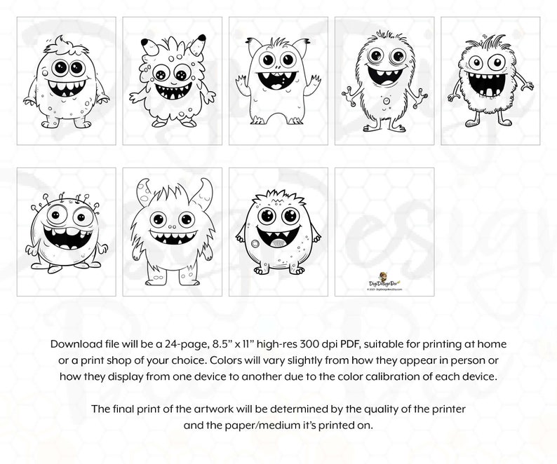 Printable Monster Coloring Pages, Digital Download, Cute Coloring Book