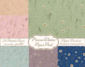 Pressed Daisies Digital Paper Pack, Handmade Paper Textures, Botanical Junk Journal Pages, Scrapbooking Backgrounds