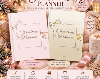 Christmas Undated Digital Planner, Rose and Beige Gold, Hyperlinked, Budget Organizer, Gift Tracker, Shopping List, Holiday Stickers