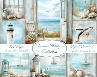 Coastal Prints Bundle, Calm Seaside Printable, Nautical Wallpaper,  Junk Journal Pages, Digital Paper Pack