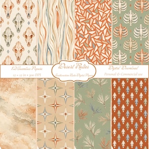 May include: A digital collection of 12 seamless papers titled Desert Relics, featuring patterns of animal skulls, rib cages, abstract geometric shapes, wavy lines, starbursts, and pine needles in shades of orange, green, beige, and blue.