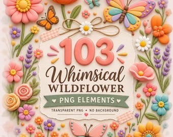 Whimsical Wildflower Clipart PNG Bundle,  Butterfly Clipart, Garden Flowers, Digital Scrapbooking, Junk Journal