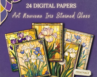 Stained Glass Digital Paper, Iris Floral Pattern, Art Nouveau Style, Vintage Glass Panel Designs