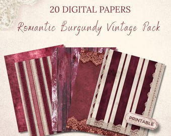Romantic Burgundy Vintage Papers, Lace Linen Wood Textures, Junk Journal Digital Paper Pack
