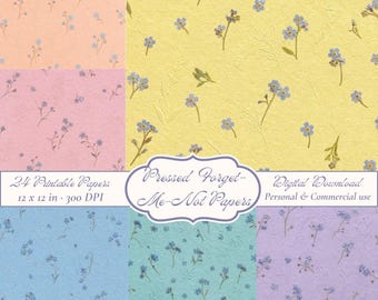 Pressed Forget Me Not Digital Paper Pack, Handmade Paper Textures, Botanical Junk Journal Pages