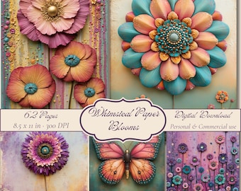 Whimsical Paper Blooms, 3D Flowers and Butterflies Pages, Linen Backgrounds, Floral Junk Journal , Scrapbooking