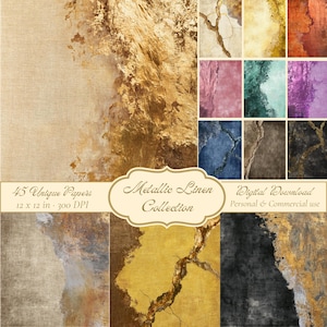 May include: A digital collection of 45 unique papers titled Metallic Linen Collection, featuring various textured backgrounds with metallic gold, silver, and bronze accents in colors including blue, pink, green, black, and rust, sized 12 x 12 inches.