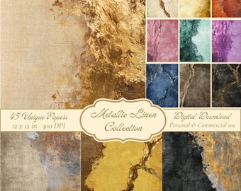 Metallic Linen Digital Papers, Gold Silver Copper Textures, Printable Scrapbook Junk Journal Backgrounds