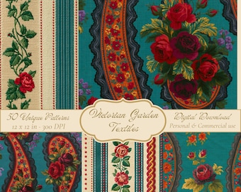 Victorian Garden Textiles, Vintage Textile Papers, Paisley Floral Paper, Junk Journal Pages, Digital Download