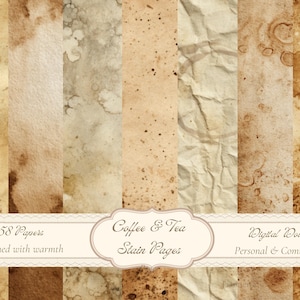 May include: A digital download featuring 58 coffee and tea stain pages. The papers have a warm, aged appearance with various textures and shades of brown and beige. The image includes text that reads "Coffee & Tea Stain Pages" and "Digital Download".