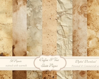 Junk Journal Papers , Vintage Coffee & Tea Stain Pages, Aged Scrapbook , Printable Backgrounds
