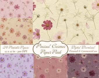 Cosmos Flower Digital Paper Pack, Handmade Paper Textures, Botanical Printable Papers for Junk Journals