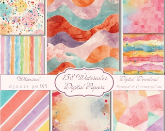 Whimsical Watercolor Digital Papers, Rainbow Scrapbook Backgrounds, Junk Journal Paper Pack, Pastel Pages
