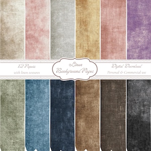 Könnte beinhalten: Ein digitaler Download mit 12 Papieren mit Leinenstrukturen in verschiedenen Farben. Die Farbpalette umfasst Beige-, Rosa-, Grau-, Gold-, Mauve-, Lila-, Grün-, Blau-, Marine-, Braun- und Schwarztöne. Der Text lautet "Linen Background Pages" und "Digital Download".