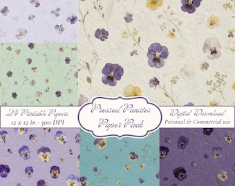 Pressed Pansies Digital Paper Pack, Handmade Paper Textures, Botanical Printable Papers for Junk Journals
