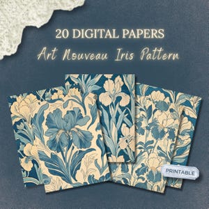 Könnte beinhalten: Digitale Papiere mit einem Art Nouveau Iris-Muster. Die Papiere zeigen ein sich wiederholendes Blumenmuster in Blau- und Cremetönen. Der Text "20 DIGITAL PAPERS" und "Art Nouveau Iris Pattern" ist sichtbar. Ein "PRINTABLE"-Etikett ist ebenfalls vorhanden.