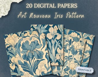 William Morris Digital Paper Pack, Art Nouveau Iris Pattern, Blue Floral Wallpaper, Vintage Print