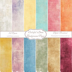 Può includere: Una collezione di 12 carte digitali con vari colori solidi e una trama di lino visibile. L'immagine include il testo che recita 12 Papers with linen textures, Colorful Linen Background Pages e Digital Download Personal & Commercial use.
