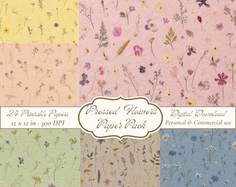 Pressed Flower Digital Paper Pack, Handmade Paper Textures, Botanical Printable Papers, Junk Journals Pages