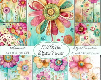 Colorful Flowers Digital Papers, Whimsical Scrapbook, Junk Journal Pages, Printable Watercolor Pack