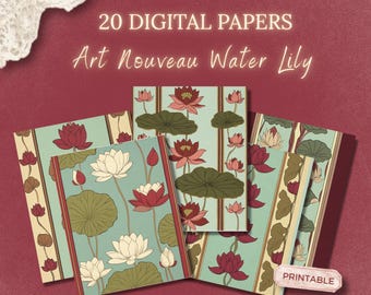 Art Nouveau Water Lilies Digital Paper Pack, Vintage Wallpaper Printable for Junk Journal Scrapbook