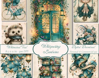 Whispering Lanterns Teal Digital Paper Pack, Fantasy Watercolor Pages, Junk Journal Papers, Scrapbook Bundle