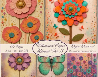 Whimsical Paper Blooms, 3D Flowers and Butterflies Pages, Linen Backgrounds, Floral Junk Journal , Ver.2