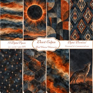Op de afbeelding: Een collectie van 14 digitale papieren met aquarelontwerpen in tinten oranje, zwart en blauw. Patronen bevatten een zonsverduistering, geometrische vormen, ruiten, sterren, zeshoeken en een huilende coyote, gelabeld als Desert Eclipse.