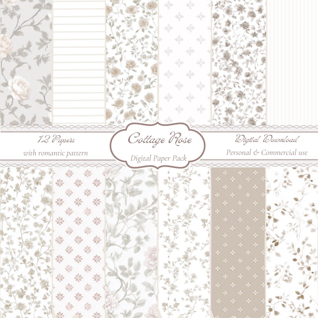 Cottage Rose Digital Paper Pack, Vintage Floral Journal Pages, Shabby ...